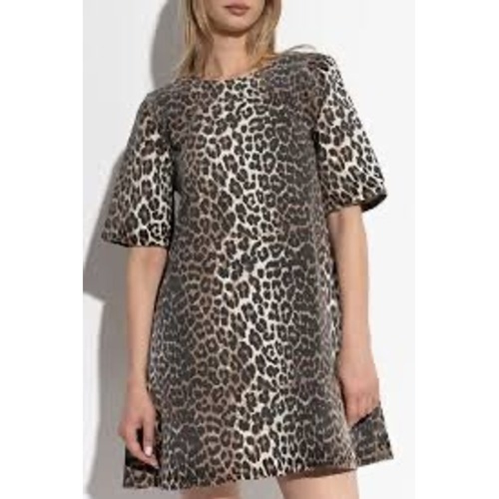 Ganni Leopard Print Denim Mini Dress J1677 Brown Animal Scoop Back New Size 44